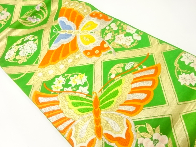 JAPANESE KIMONO / ANTIQUE FUKURO OBI / SILK / WOVEN BUTTERFLY & FLOWER ROUNDEL